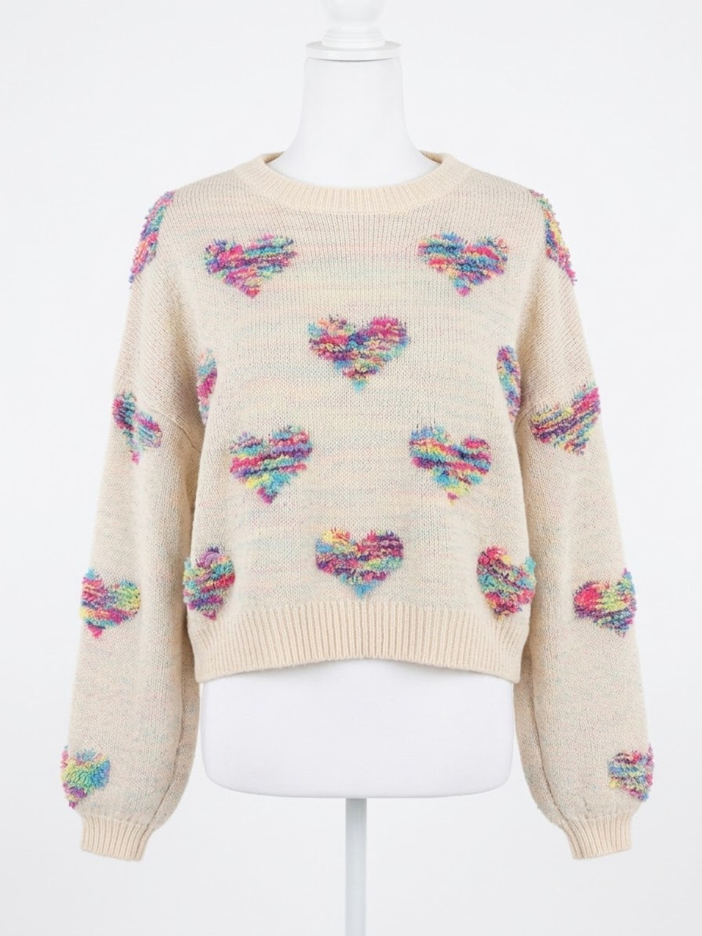 Boutique Cream Multicolor Rainbow Fuzzy Heart Cropped Knit Sweater - Size Small